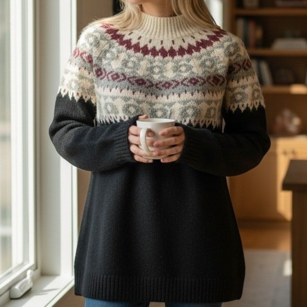 J. Jill Fair Isle Mock Neck Sweater S Black Nordic Winter Knit 3185
